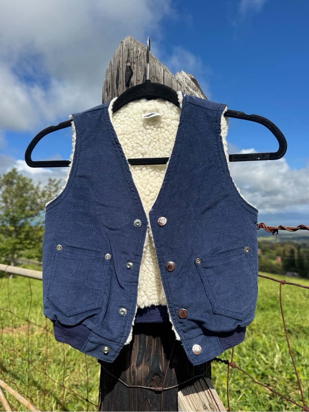 Vintage 80s HEALTH-TEX Blue Corduroy Vest Sherpa Lined Snap Up Western boy 7